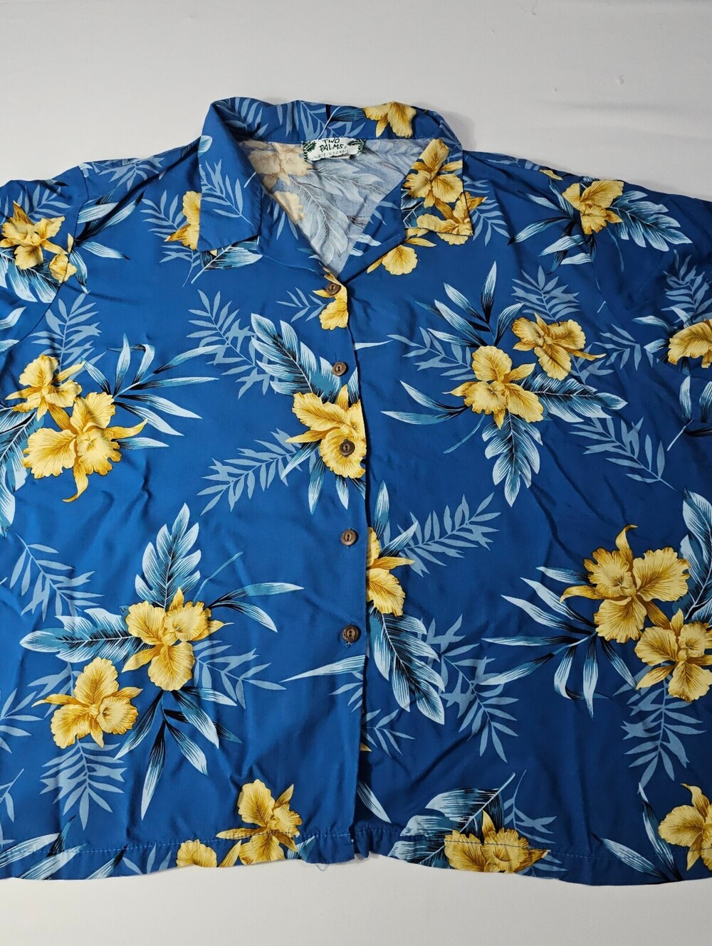 Two Palms Hawaii Blue Yellow Floral Hawaiian Camp Shirt Rayon Made in Hawaii 3XL